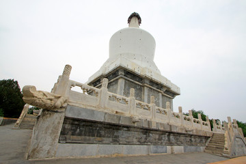 White pagoda architectural landscape in the Beihai Park，Beijing, China