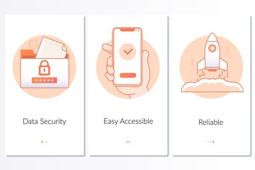 Security, quick and easy launch, reliable service steps graphic instruction.Modern blue interface UX, UI GUI screen template for smart phone or web site banners.