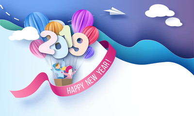 2019 Happy New Year design card with kids