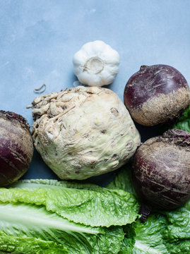 Celeriac, garlic, beetroot and romaine lettuce