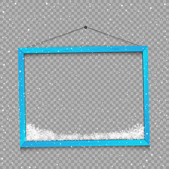 Christmas square photo frame with snow and shadow on transparent background. Wooden blue plank with snowflake bottom. Photograph empty blank holiday celebration template