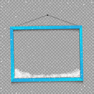 Christmas square photo frame with snow and shadow on transparent background. Wooden blue plank with snowflake bottom. Photograph empty blank holiday celebration template