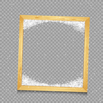 Christmas square photo frame with snow and shadow on transparent background. Wooden plank with snowflake bottom. Photograph empty blank holiday celebration template
