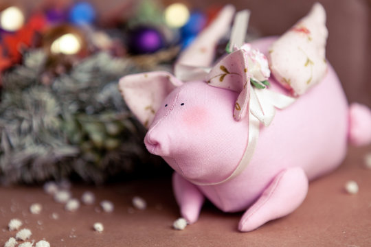 pink pig fabric. Handmade, symbol of year.
