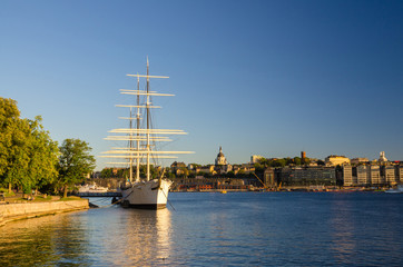 Fototapeta na wymiar White ship hostel af Chapman moored on Lake Malaren, Stockholm, Sweden