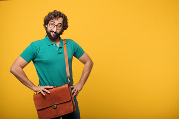 young freelancer man expresing a concept against orange isolated