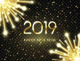 Happy New Year 2019 background with bright golden text, numbers glitter, fireworks, sparkles and stars. Happy holiday backdrop. Luxury festive design for greeting card. Vector illustration