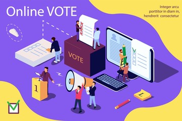 Isometric illustration concept. Group of people give online vote and putting papper vote in to the vote box. Content for web page, banner, social media, documents, cards, posters, news.