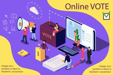 Isometric illustration concept. Group of people give online vote. Content for web page, banner, social media, documents, cards, posters, news.