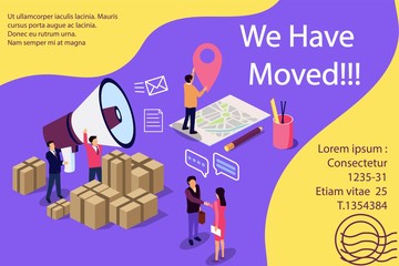 Isometric illustration concept. People shout on megaphone with we have moved word, change office address vector illustration concept, can use for,  banner, social media, documents
