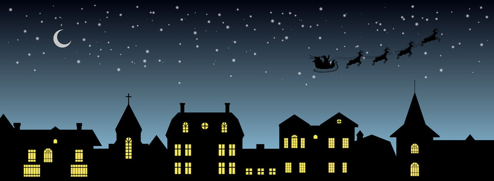 Black Christmas Panorama. Night City Silhouette. Celebration Scene. Isolated Village Landscape. Holidays Graphic