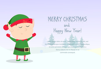 Christmas and New Year banner design with festive elf and fir trees in light background. Template can be used for greeting cards, posters, postcards