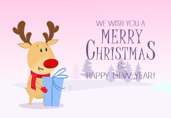 Christmas and New Year banner design. Santa reindeer holding gift box. Forest in pink background. Template can be used for greeting cards, posters, postcards