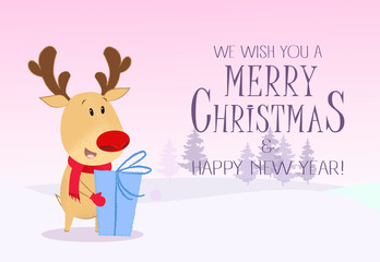 Christmas and New Year banner design. Santa reindeer holding gift box. Forest in pink background. Template can be used for greeting cards, posters, postcards