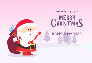 Christmas and New Year banner design. Santa Claus delivering gifts. Fir trees in pink background. Template can be used for greeting cards, posters, postcards