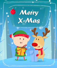 Xmas greeting card design. Reindeer and elf with gifts, red bauble and fir trees on blue background. Template can be used for banners, posters, postcards