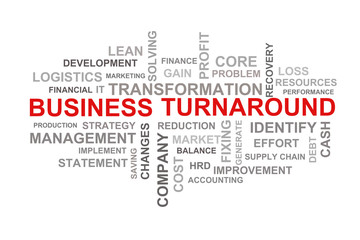 BUSINESS TURNAROUND concept in word clouds format on white background, The financial recovery of a...