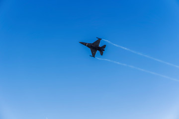 Thessaloniki, Greece - October 28 2018: Greek Air Force F-16C Block 52 plus jet. Team Zeus fighter flying at 28 October military parade, commemorating the Greek no against Italian 1940 ultimatum.