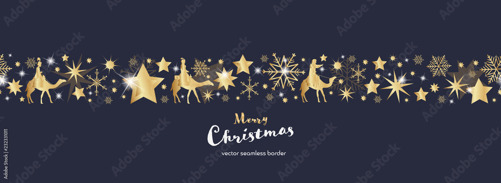 Wall mural christmas time. dark blue and golden snowflake and star seamless border with three kings. text : mer