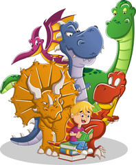 Cartoon boy reading a book to big dinosaurs.  © denis_pc