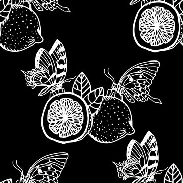 lemon tropical fruits butterfly seamless pattern