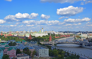 General view of the Moscow Kremlin.  The photo was taken from the observation platform of the Cathedral of Christ the Savior. Russia, Moscow, August 2018.