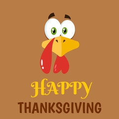 Thanksgiving Turkey Bird Face Cartoon Character Flat Brown Label. Vector Illustration Background With Text