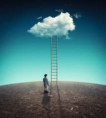 Man in front of a ladder to a cloud