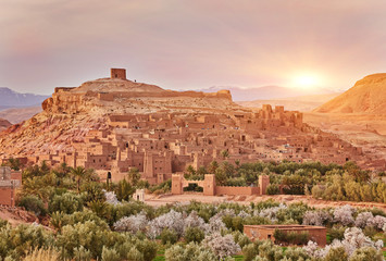 Kasbah Ait Ben Haddou in the Atlas Mountains of Morocco. UNESCO World Heritage Site since 1987. - obrazy, fototapety, plakaty