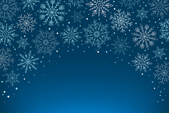 Hand drawn blue snowflakes background. Snowflakes isolated on blue background. Blank space for adding text. Vector illustration.