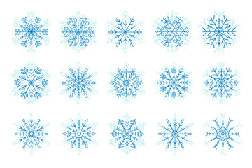Fototapeta na wymiar Hand drawn blue snowflake icon set. Vector illustration, isolated on white background.