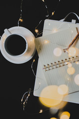 Flat lay office with fairy lights