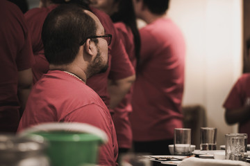 Group of old  friends meet to eating, drinking, dancing and havi