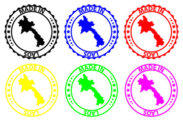 Made in Laos - rubber stamp - vector, Laos map pattern - black, blue, green, yellow, purple and red