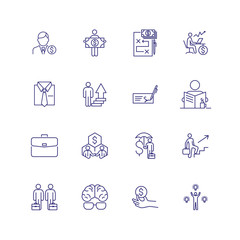 Business and office job icons. Set of line icons on white background. Brains, money, employee, job. Working and business concept. Vector illustration can be used for topics like business, office, job