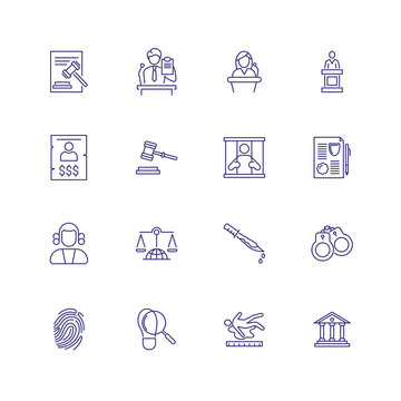 Law and criminal icons. Set of line icons on white background. Judge, murder, law. Vector illustration can be used for topics like law, criminal