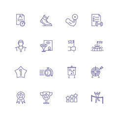Sports and competition icons. Set of line icons on white background. Stop watch, runner, champion. Sport concept. Vector illustration can be used for topics like championship, sport