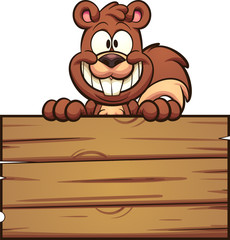 Cartoon squirrel with wooden sign. Vector clip art illustration with simple gradients. squirrel and sign on separate layers.  © Memoangeles