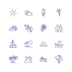 Vacation icons. Set of line icons on white background. Sea, palms, flowers, sun, sea ship. Vector illustration can be used for topics like vacation, holiday, travel