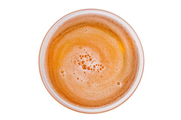 Beer in glass. Beer foam isolated on white background. View from above.