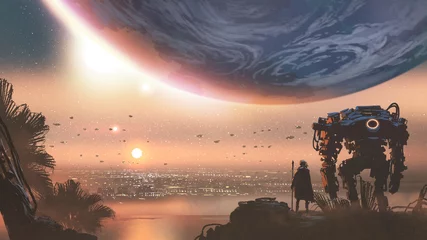 Papier Peint photo Lavable Grand échec concept de voyage montrant un homme avec un robot regardant une nouvelle colonie sur la planète extraterrestre, style art numérique, peinture d& 39 illustration