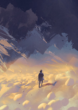scenery of surreal world showing a man walking on clouds looking at upside-down mountains, digital art style, illustration painting