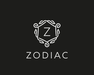 Premium linear shield monogram letter Z logotype. Elegant crest leaf stamp icon vector logo. Luxury alphabet frame symbol.