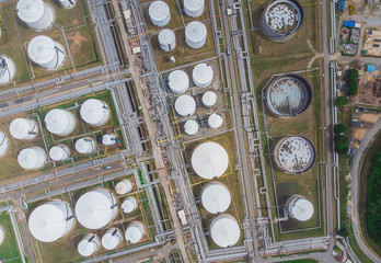 Oil storage tank with oil refinery background, Oil refinery plant at day. Aerial view from drone top view