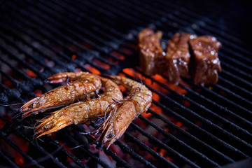 Tiger prawns grilled sea food, shrimps, street food and beach bbq