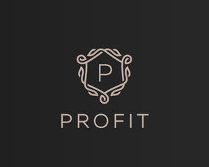 Premium linear shield monogram letter P logotype. Elegant crest leaf stamp icon vector logo. Luxury alphabet frame symbol.