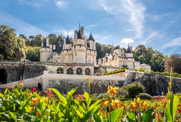 View no the beautiful medieval castle on sunny day with trees and flowers on the foreground, France.