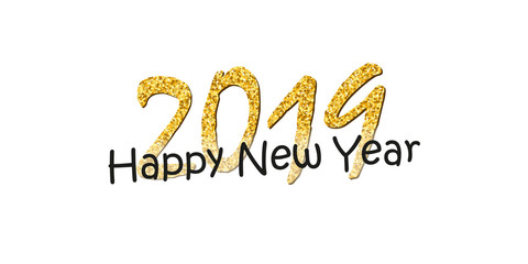 Happy New Year text. Bright gold number 2019 with sparkle isolated on white background. Holiday golden glitter design for Christmas celebrate, banner, decoration, greeting card. Vector illustration