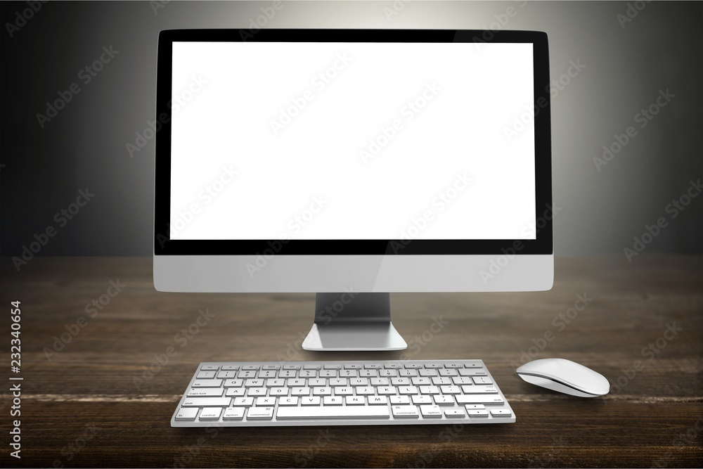 Poster desktop computer and keyboard and mouse on white