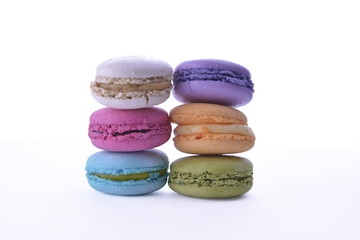Sweet and colourful french macaroons or macaron on white background, Dessert